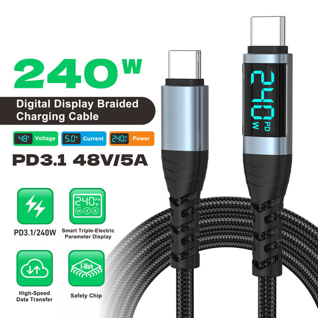 New 240W USB C to USB C Mobile Phone Cable With LED Display,Nylon Braided Data Cord,PD 3.1 Fast Charging Wire for IPhone,Samsung