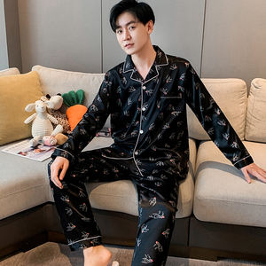 Venta al por mayor Piyamas Unisex Pijamas de manga larga Pijamas de seda de imitación Hombre Homewear Mujeres Pareja <span class=keywords><strong>Pijama</strong></span> Conjunto de dos piezas - Product Image 2