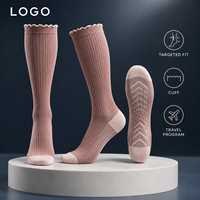 Chaussettes de compression à la lavande, soutien gradué du mollet, tableau de correspondance des tailles, manchette plus large, construction tricotée à bout plat, gradation des tailles, lavage