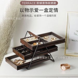 Boîte de rangement pour bijoux en bois massif de noyer, multi-couches, avec tiroirs, pour la maison ou le bureau - Product Image 1