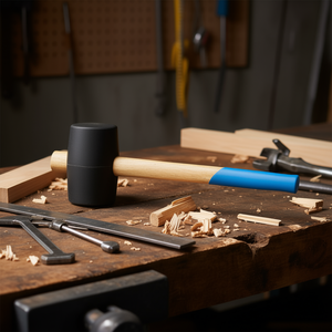 Martillo de goma Fervi de 16 oz con cabeza negra, mango de madera y agarre azul para carpintería y metalurgia - Product Image 3