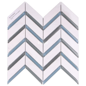 Mosaïque de carreaux en marbre <span class=keywords><strong>bleu</strong></span> gris, blanc, <span class=keywords><strong>chevron</strong></span>, en forme d'épi de poisson pour la décoration murale intérieure - Product Image 3