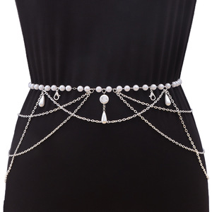 Cadena de cintura con borlas de perlas para mujer, cadena de varias capas de perlas de imitación, joyería corporal, accesorio de moda para boda, blanco K Two Lobster - Product Image 1