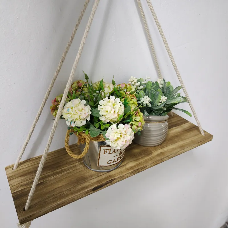 Wood Swing Hanging Rope Wall Mounted Shelf Plant Flower Pot Rack Floating Wall Shelf Wooden Wall Shelves Home Decor