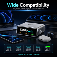 Station de charge de bureau 100W en gros, chargeur rapide GaN 5 ports USB-C avec affichage intelligent, chargeur multi-ports pour téléphones et tablettes
