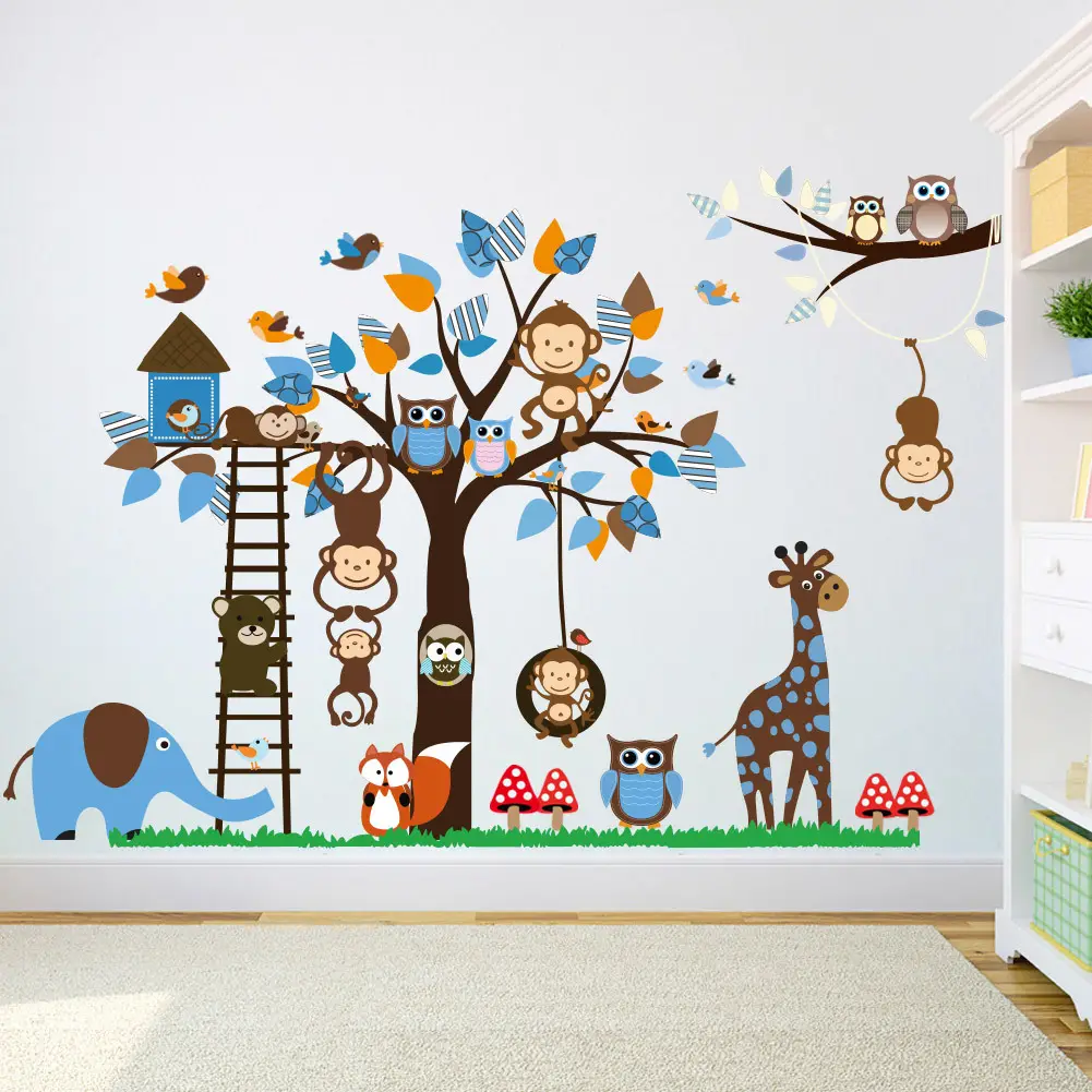 Cartoon wall stickers for Kids Rooms Giraffe Lion Fox Elephant Animal Home Decals Nursery Kindergarten Baby Room Home Decor