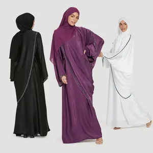 Abaya迪拜土耳其穆斯林时尚头巾连衣裙套装高级垂褶装饰封闭式abaya带头巾