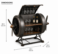 Meuble de bar industriel en forme de baril, style rustique, en métal et bois, avec porte-bouteilles et étagères à verres