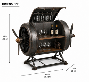 Meuble de bar industriel en forme de baril, style rustique, en métal et bois, avec porte-bouteilles et étagères à verres - Product Image 2