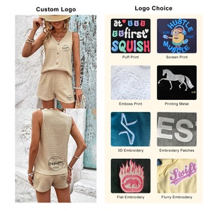 Personalizado verano Casual ligero algodón cuello en V Chaleco de un solo pecho cintura elástica pantalones cortos traje de las mujeres camisetas sin mangas hasta la rodilla - Product Image 3