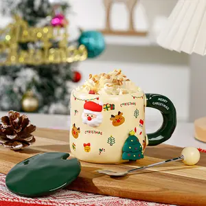 JLY Hot Selling Ceramic Beautiful Christmas Coffee Mugs with Gift Box Factory Directly Provide Christmas Mug with Lid and Spoon