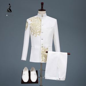 Túnica Chinesa Premium YZ com Gola Bordada em Ouro, Conjunto de 2 Peças para Homens, Traje <span class=keywords><strong>Formal</strong></span> para Casamentos e Apresentações - Product Image 1