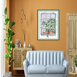 Le chat <span class=keywords><strong>sur</strong></span> le rebord de fenêtre Kit de point de croix en tissu <span class=keywords><strong>Aida</strong></span> Set de point de croix estampillé DIY Kit de démarrage avec motif de fleurs et de plantes - Product Image 1