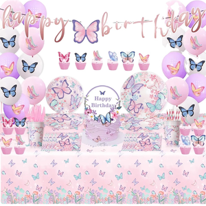 Offre Spéciale rose papillon vaisselle ensemble filles <span class=keywords><strong>princesse</strong></span> fête d'anniversaire décoration fournitures serviettes pâques assiette en papier décorations - Product Image 1