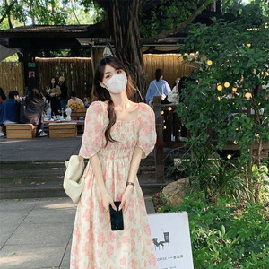Floral Print Puff Sleeve <b>Dress</b> Sweetheart Neck <b>Elastic</b> Waist Pink Long Casual <b>Dress</b> Daily Wear Mori Girl Style - Product Image 2