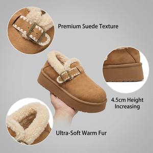 Mules à <span class=keywords><strong>plateforme</strong></span> tendance pour femmes, bord brodé, boucle, fourrure, hauteur rehaussée de 4,5 cm, en daim de vache, pour l'hiver et l'extérieur - Product Image 3