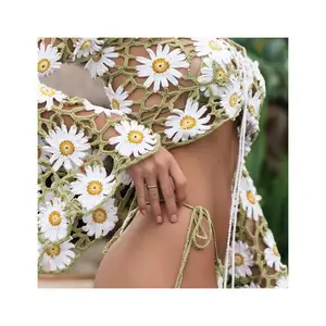 2022 fashion new sexy hot beachwear handmade hollow daisy pattern flared sleeve top