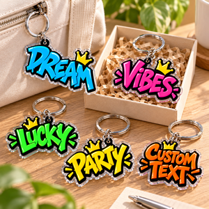 Porte-clés en acrylique personnalisé avec texte graffiti, bords transparents, lettres colorées, breloque de sac personnalisée, fabrication OEM ODM - Product Image 1