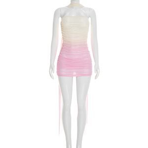 Viviblook D26DS047 Women's Dresses New Sexy Gradient <b>Printed</b> Mesh Ribbon Strapless Skinny <b>Mini</b> Party Bodycon Dress - Product Image 2