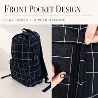 Sac à dos scolaire Oxford 300D noir et blanc à carreaux avec poche avant et fermeture éclair pour le campus et l'usage quotidien