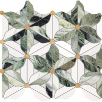Schomex Parquet Moderne en Pierre Marbre, Mosaïque Irrégulière en Forme de Fleur, Découpe au Jet d'Eau, Vert, Design Graphique, pour Murs Intérieurs d'Hôtels et Villas