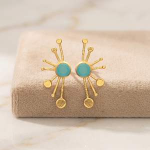 Boucles d'oreilles pendantes en calcédoine aqua effet soleil, plaquées or, géométriques, pierre précieuse turquoise bleue, bijoux de mode, vente en gros - Product Image 2