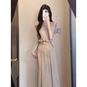 Conjunto de Dos Piezas para Mujer, Top Sin Mangas de Gasa, Pantalones Anchos de Cintura Alta, Color Sólido, Estilo Casual 079 - Product Image 1