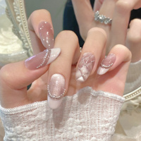 Faux ongles ronds élégants français à presser, en acrylique, couvrance totale, amande rose, effet œil de chat, perle, faits à la main, avec colle