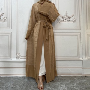 1937# Polka Dot Open Abaya With Scarf White Inner Dress Soft Polyester <b>Summer</b> Modest Fashion Long Sleeve Dubai Abaya - Product Image 4