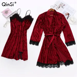 QINSI ملابس المنزل كيمونو رداء نوم من قطعتين ثوب مجموعة بيجامة الدانتيل المخملية