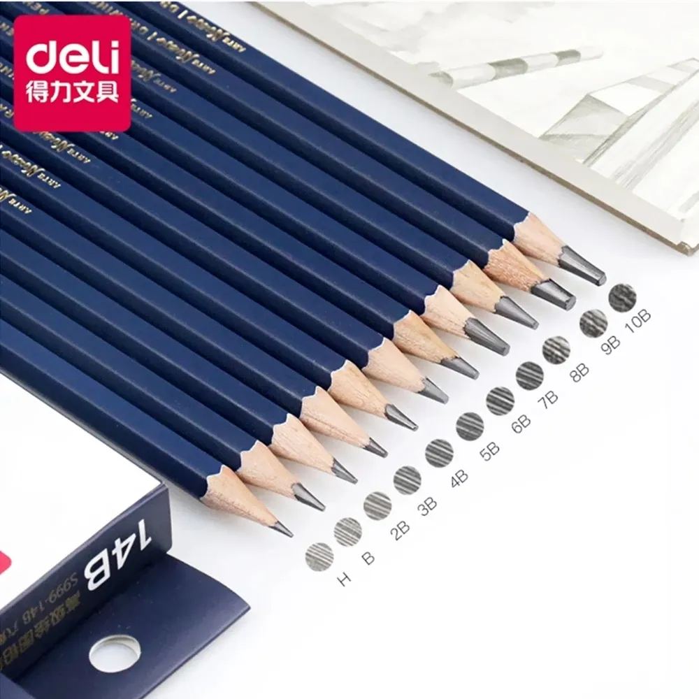 Deli-lápiz de dibujo profesional S999, de madera, 3H, 2H, 2B, 3B, 4B, 5B, 6B, 7B, 8B, 9B, 10B, 12B, 14B, papelería