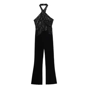 Za thời trang mới tua sequined Dây Cổ Phụ Nữ Jumpsuit cổ điển không tay sexy backless jumpsuits nữ mujer