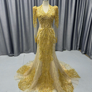 Lscm100 Luxury Gold Mermaid Evening Dress Heavy Beaded <b>Sequin</b> Applique Sheer Long Sleeve V Neck Formal Gown Jancember - Product Image 1