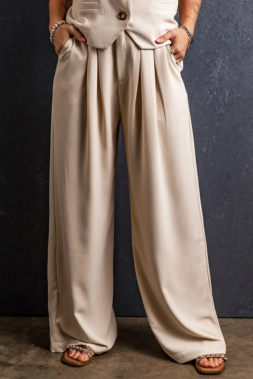 2024 Wholesale Chic Clothes Customized Women Summer Apricot Elastic Waist Pleated Wide Leg Pants