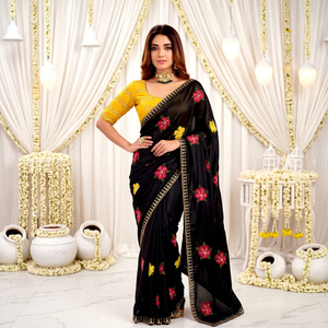 AARA Fashion Black Floral Embroidered Silk <b>Saree</b> <b>Yellow</b> Blouse for Women Traditional Wedding Wear India Pakistan Style Sun - Product Image 1