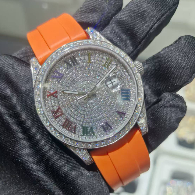 Moissanite Luxury Mechanical Watch Stainless Steel Case Sapphire Crystal Dial 5BAR Water Resistant Black Rubber Band 21mm Width