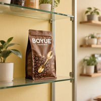 Pochette à café à fond plat avec fermeture éclair Sac en mylar à huit joints latéraux personnalisé avec valve pour utilisation en grains et au sol