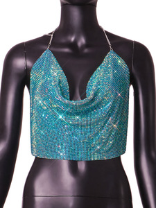 <strong>Sparkly</strong> Crystal Cowl Neck Backless Cami <strong>Top</strong> for Women Evening Party Clubwear Sleeveless Crop <strong>Vest</strong> Women's Cami <strong>Top</strong> - Product Image 3