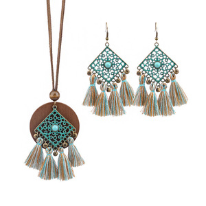 Ensemble de bijoux bohèmes en alliage, collier à pampilles et boucles d'oreilles, ensembles de bijoux de fête pour femmes, plaqué bronze antique - Product Image 5