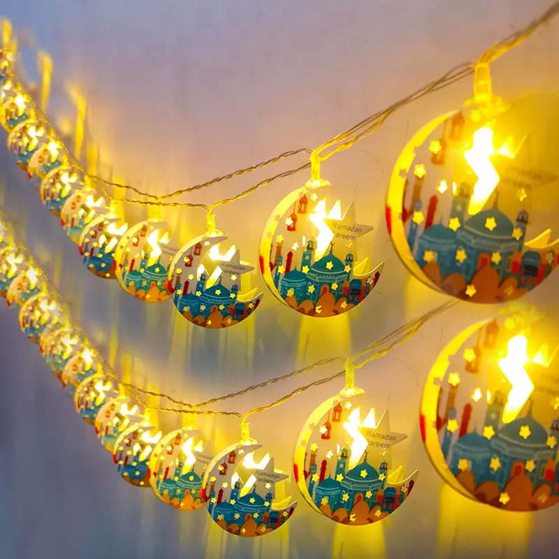 EID MUBARAK Partido LED Light String Ferro Estrela Lua Castelo Luz String Pingente Decoração Artesanato De Natal