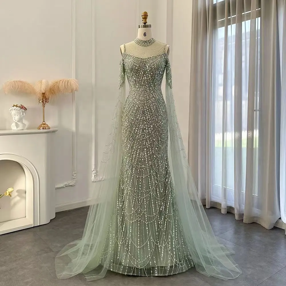 Jancember LSCZ239 Novelty Green High Neck Evening Gowns With Cape Sleeve Beading Sequins Prom Evening Dress