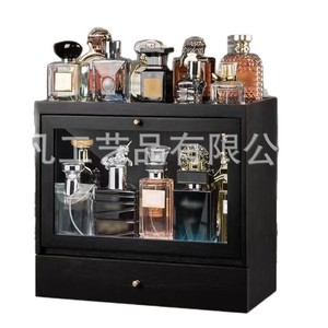 Solid Wood Perfume Storage Box <b>Rectangle</b> Desktop Double Layer Organizer For Home Use With Glass Door And Drawer - Product Image 1