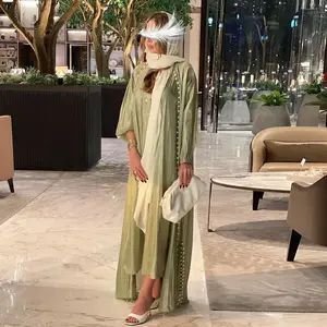 Latest Abaya Designs Dubai Islamic Modest Muslim Women Pearl Shinny Organza Satin Silk Open Abaya With Inner Slip Dress Set
