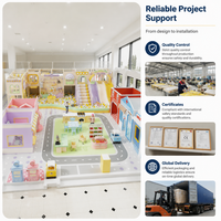 Équipement de jeu souple, aménagement multi-zones FEC, piscine à balles, plan de sol pastel, stations d'activités pour locaux commerciaux