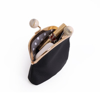 Tas Clutch Kompak Kulit Asli Motif Litchi Unisex Dompet Perhiasan dengan Kancing Mini Tempat Uang Koin Organizer Lipstik Segar