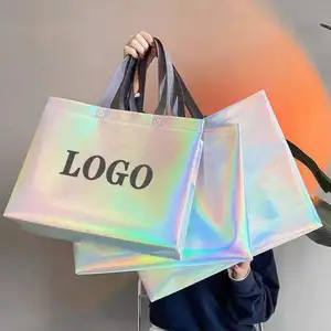 Borsa della spesa in tote laminata Non tessuta in argento olografico riutilizzabile a prezzo all'ingrosso stampato personalizzato