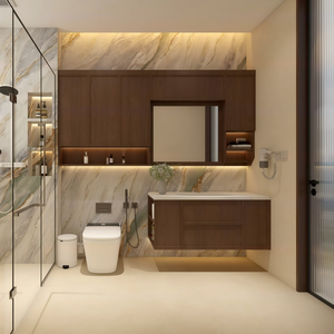 Meuble-lavabo <span class=keywords><strong>de</strong></span> salle <span class=keywords><strong>de</strong></span> bain personnalisé beige sable minimaliste avec vasque en céramique sous plan pour salle <span class=keywords><strong>de</strong></span> bain <span class=keywords><strong>de</strong></span> <span class=keywords><strong>maison</strong></span> jumelée neuve, style épuré - Product Image 6