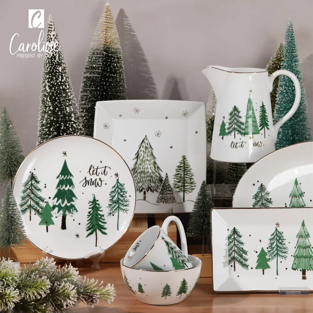 Customized Christmas Gold Lining Decal Ceramic Stoneware Dolomite Tableware Dinnerware Sets for Winter Painted Tree Chaozhou