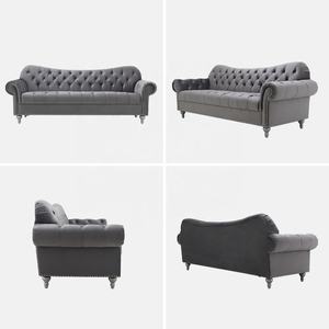 豪華なリビングルーム3人掛けチェスターフィールドボタンタフテッドソファグレーグレーベルベットソファセット - Product Image 5