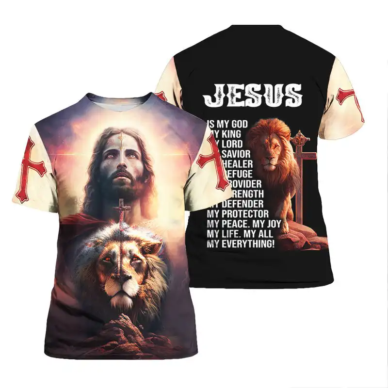 Christian Hommes Vêtements Jésus Et Lion Imprimer T-shirts Surdimensionné Tops Vintage Hip Hop À Manches Courtes Homme Tee Avec OEM en gros